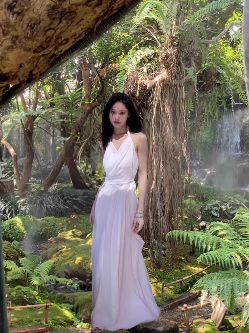 French holiday style blue halter neck backless suspender dress ED0259