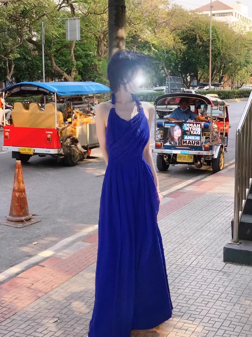 French holiday style blue halter neck backless suspender dress ED0259