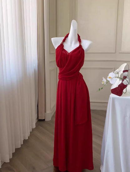 French holiday style blue halter neck backless suspender dress ED0259