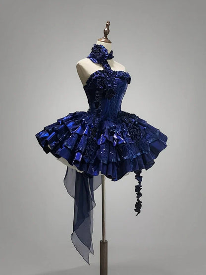 Stunning Deep Royal Blue Strapless A-Line Lolita Prom Dresses Homecoming Dress ED02601