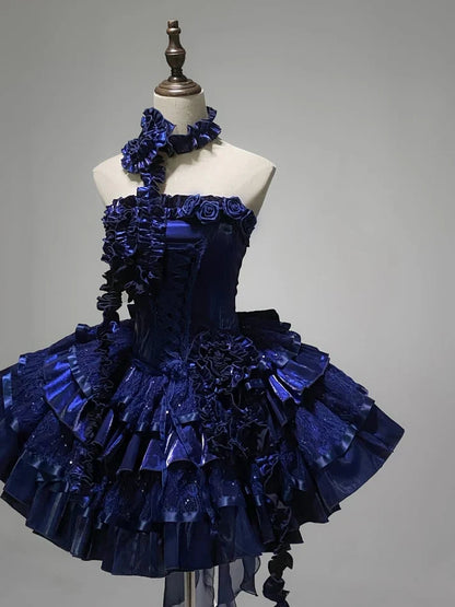 Stunning Deep Royal Blue Strapless A-Line Lolita Prom Dresses Homecoming Dress ED02601
