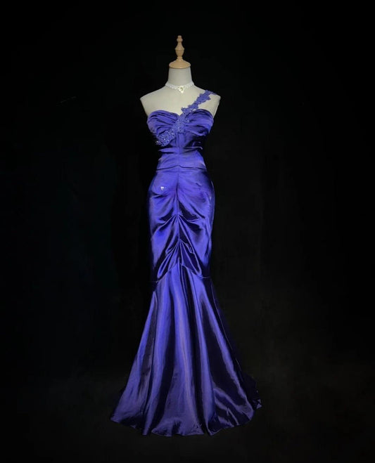 Elegant Purple Sweetheart Mermaid Satin Long Prom Dresses Formal Evening Gowns ED02606