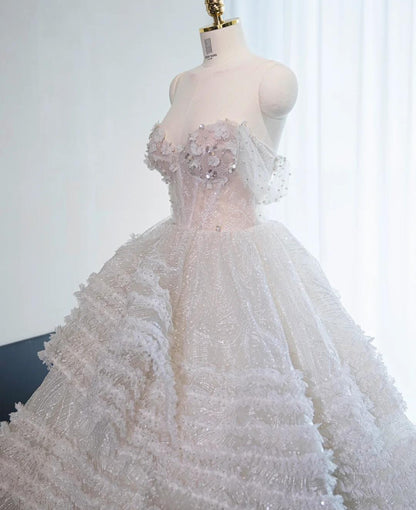 Gorgeous White Sweetheart Neck A-Line Tulle Beaded Wedding Dresses ED02608