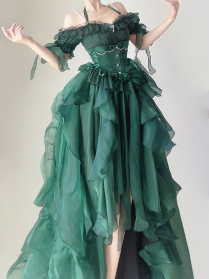 Fairytale Forest Green Halter Neck A-Line Tulle Hi-Lo Long Prom Dresses Formal Evening Gowns ED02609