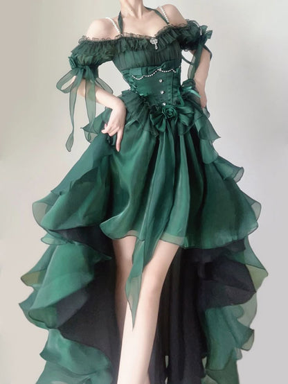 Fairytale Forest Green Halter Neck A-Line Tulle Hi-Lo Long Prom Dresses Formal Evening Gowns ED02609