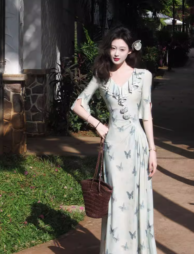 French V-neck ruffled fitted dress ED0260