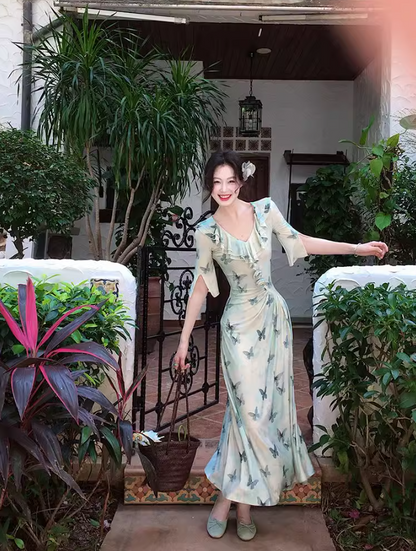 French V-neck ruffled fitted dress ED0260