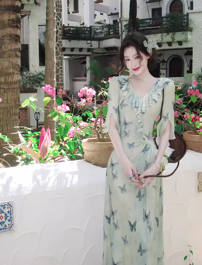 French V-neck ruffled fitted dress ED0260