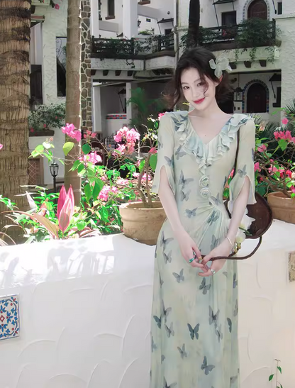 French V-neck ruffled fitted dress ED0260