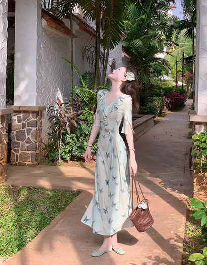 French V-neck ruffled fitted dress ED0260