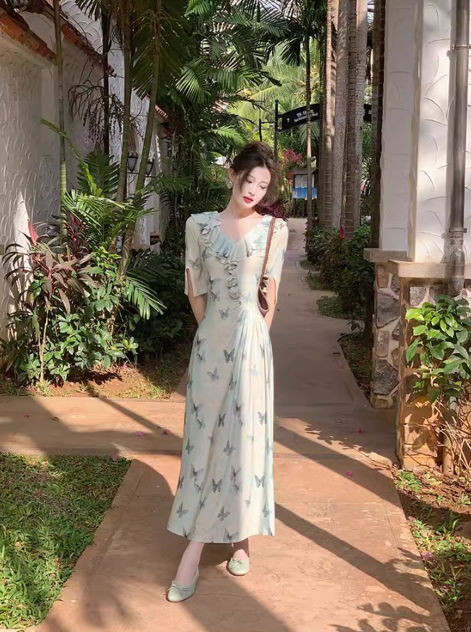 French V-neck ruffled fitted dress ED0260