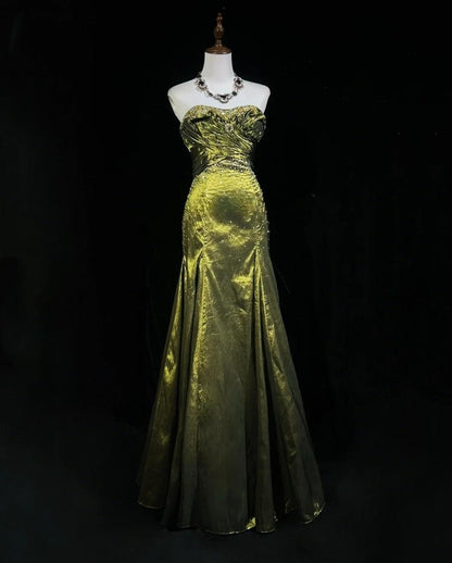 Elegant Green Strapless Mermaid Beaded Satin Long Prom Dresses Formal Evening Gowns ED02610
