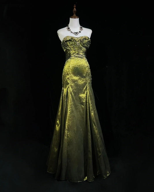 Elegant Green Strapless Mermaid Beaded Satin Long Prom Dresses Formal Evening Gowns ED02610