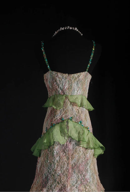 Gorgeous Green Spaghetti Straps Mermaid Beaded Tulle Long Prom Dresses Vintage Lace Evening Gowns ED02611