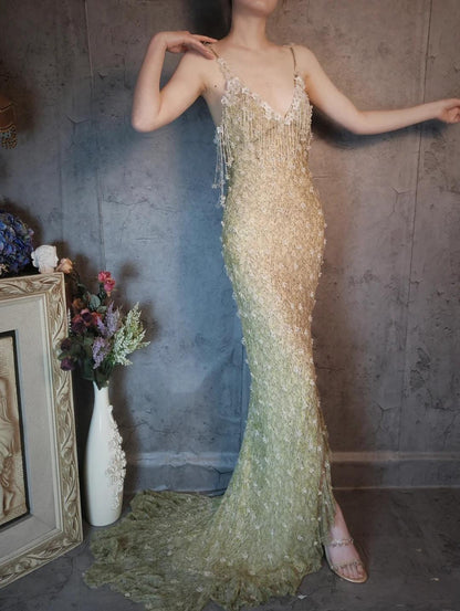 Stunning Spaghetti Straps Sheath Beaded Chiffon Long Prom Dresses Elegant Formal Evening Gowns with 3D Appliques ED02612