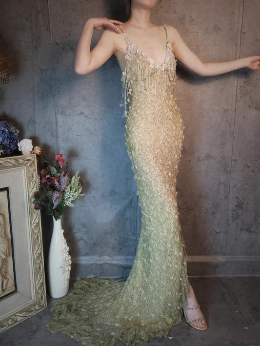 Stunning Spaghetti Straps Sheath Beaded Chiffon Long Prom Dresses Elegant Formal Evening Gowns with 3D Appliques ED02612