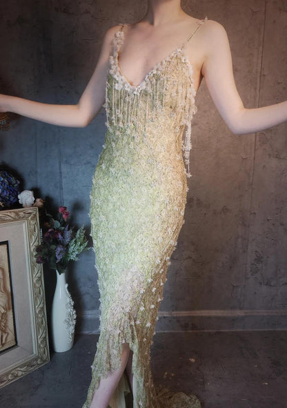 Stunning Spaghetti Straps Sheath Beaded Chiffon Long Prom Dresses Elegant Formal Evening Gowns with 3D Appliques ED02612