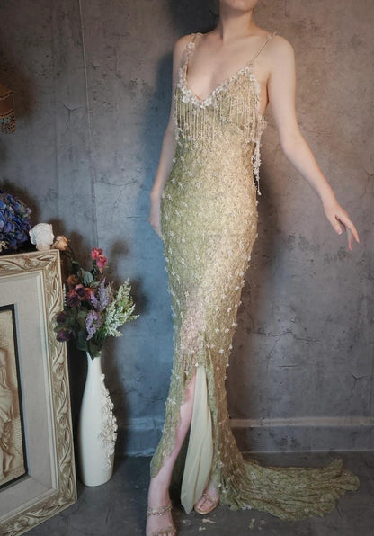 Stunning Spaghetti Straps Sheath Beaded Chiffon Long Prom Dresses Elegant Formal Evening Gowns with 3D Appliques ED02612