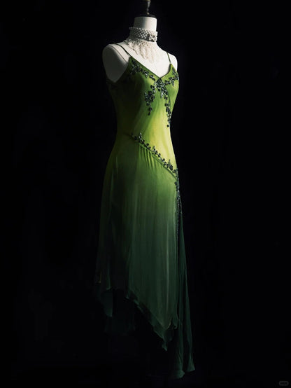 Vintage Green Spaghetti Straps Sheath Beaded Chiffon Long Prom Dresses with Slits ED02614