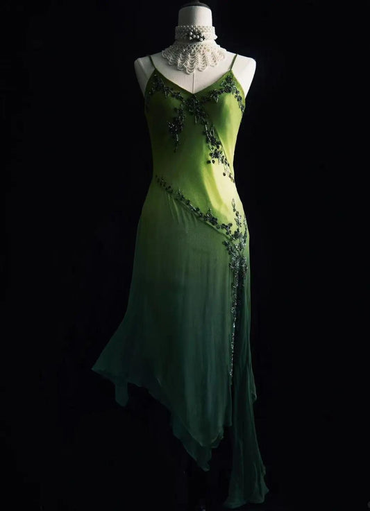 Vintage Green Spaghetti Straps Sheath Beaded Chiffon Long Prom Dresses with Slits ED02614