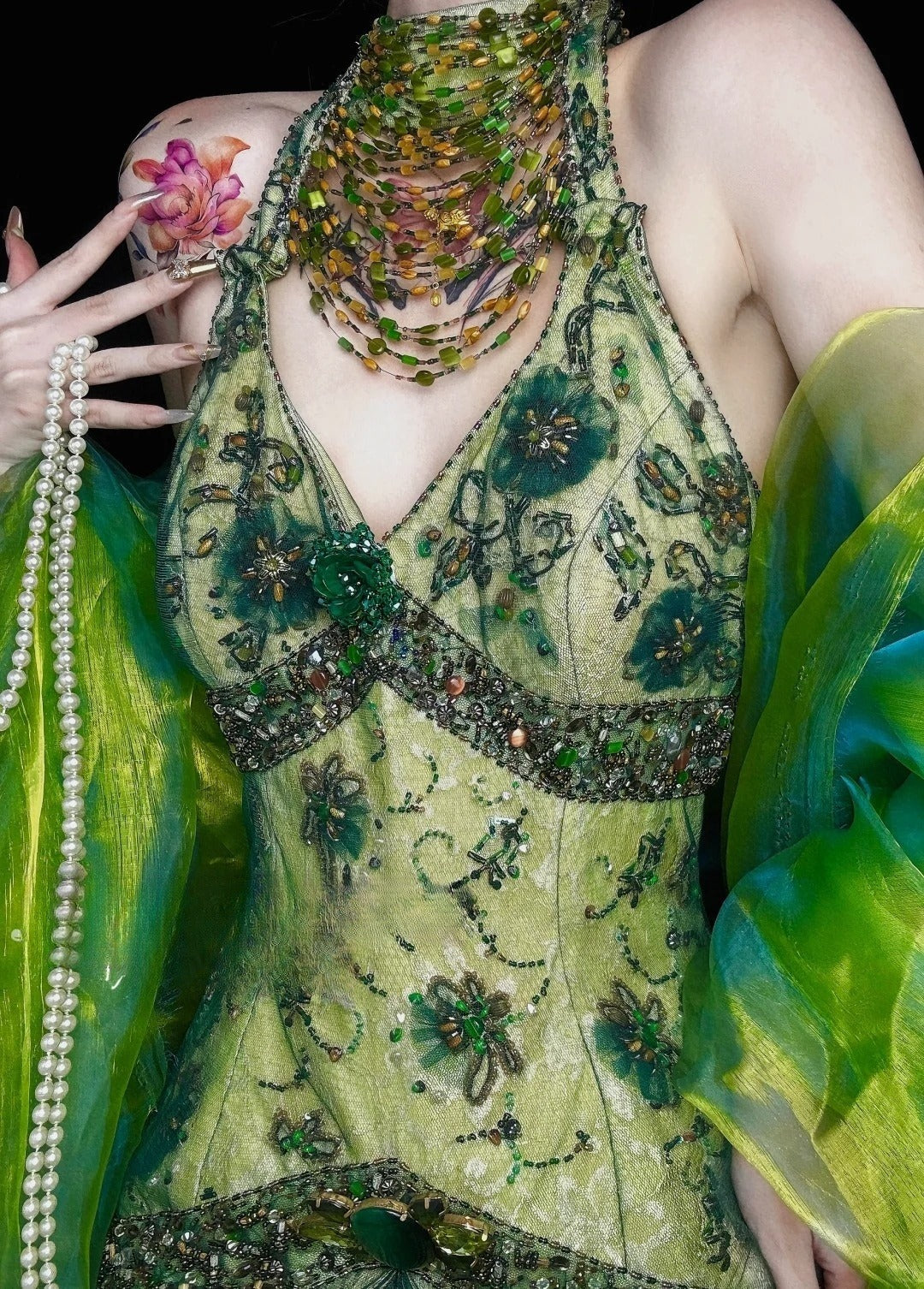 Gorgeous Green V-neck Mermaid Beaded Lace Tulle Long Prom Dresses Vintage Elegant Formal Evening Gowns ED02615