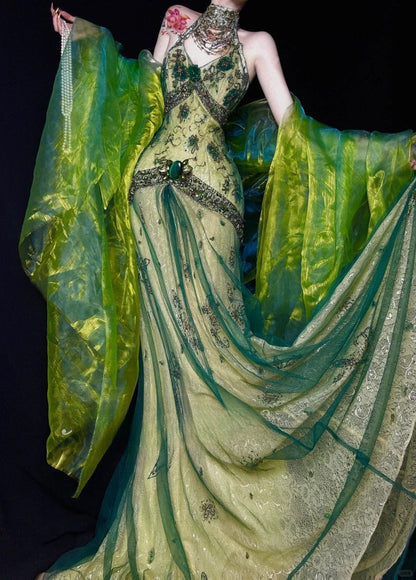 Gorgeous Green V-neck Mermaid Beaded Lace Tulle Long Prom Dresses Vintage Elegant Formal Evening Gowns ED02615