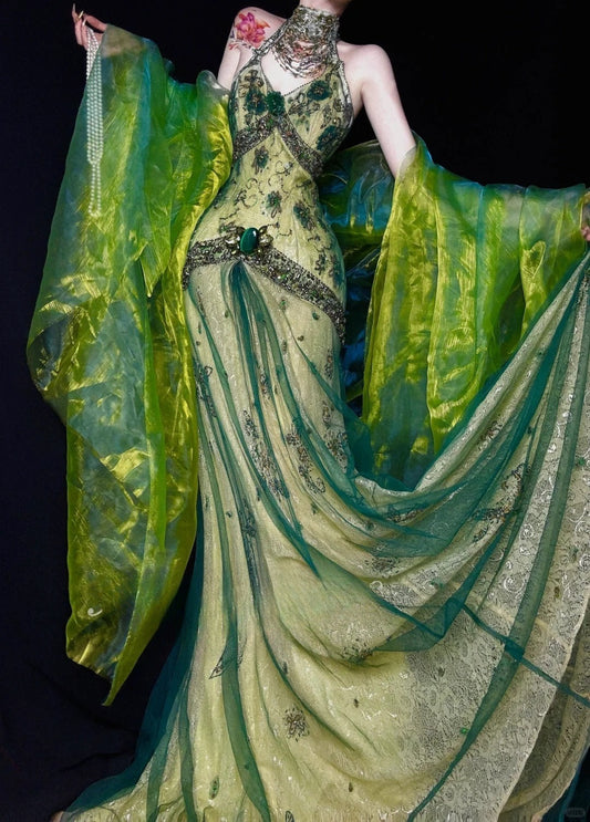 Gorgeous Green V-neck Mermaid Beaded Lace Tulle Long Prom Dresses Vintage Elegant Formal Evening Gowns ED02615