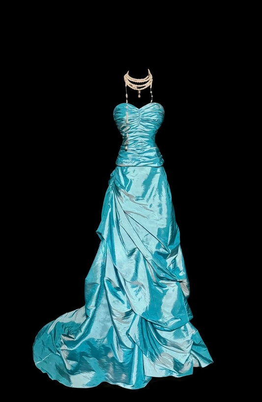 Elegant Blue Sweetheart Neck A-Line Taffeta Long Prom Dresses Formal Evening Gowns ED02616