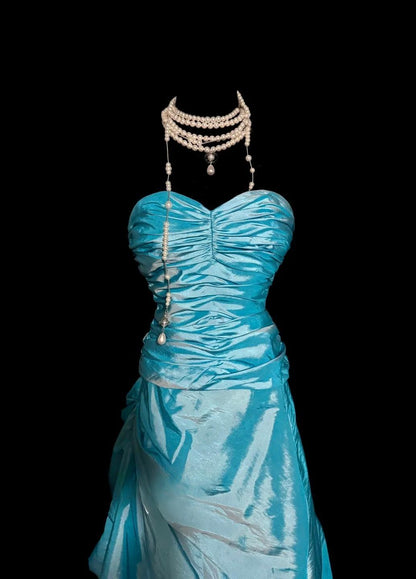 Elegant Blue Sweetheart Neck A-Line Taffeta Long Prom Dresses Formal Evening Gowns ED02616