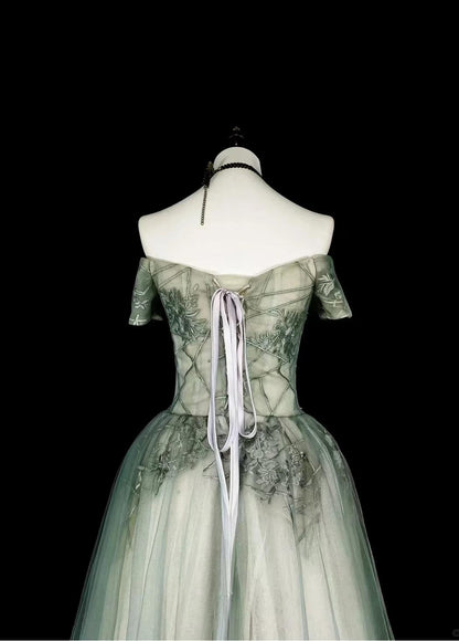 Sweet Green Off Shoulder A-Line Tulle Long Prom Dresses Formal Evening Gowns ED02617