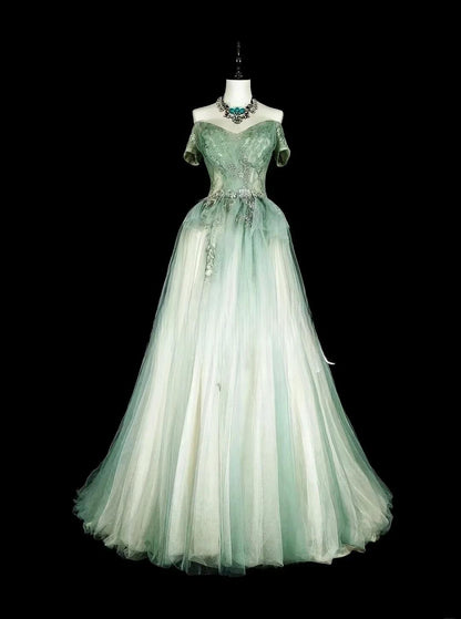 Sweet Green Off Shoulder A-Line Tulle Long Prom Dresses Formal Evening Gowns ED02617