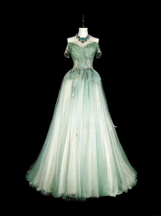 Sweet Green Off Shoulder A-Line Tulle Long Prom Dresses Formal Evening Gowns ED02617