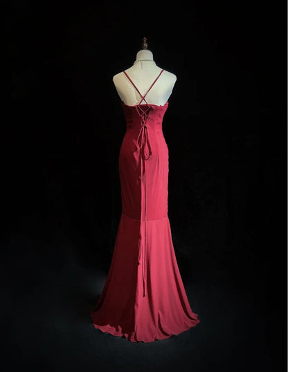 Glam Red Spaghetti Straps Mermaid Chiffon Long Prom Dresses Formal Evening Gowns ED02619