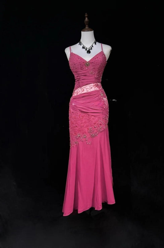 Stunning Pink Spaghetti Straps Sheath Beaded Chiffon Prom Dresses Formal Evening Gowns ED02620