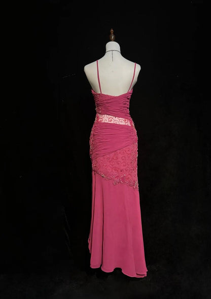 Stunning Pink Spaghetti Straps Sheath Beaded Chiffon Prom Dresses Formal Evening Gowns ED02620