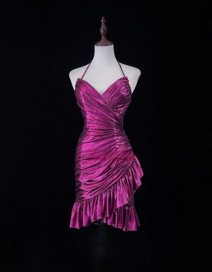 Gorgeous Fuchsia Spaghetti Straps Bodycon Satin Short Prom Dresses Vintage Homecoming Dress  ED02627