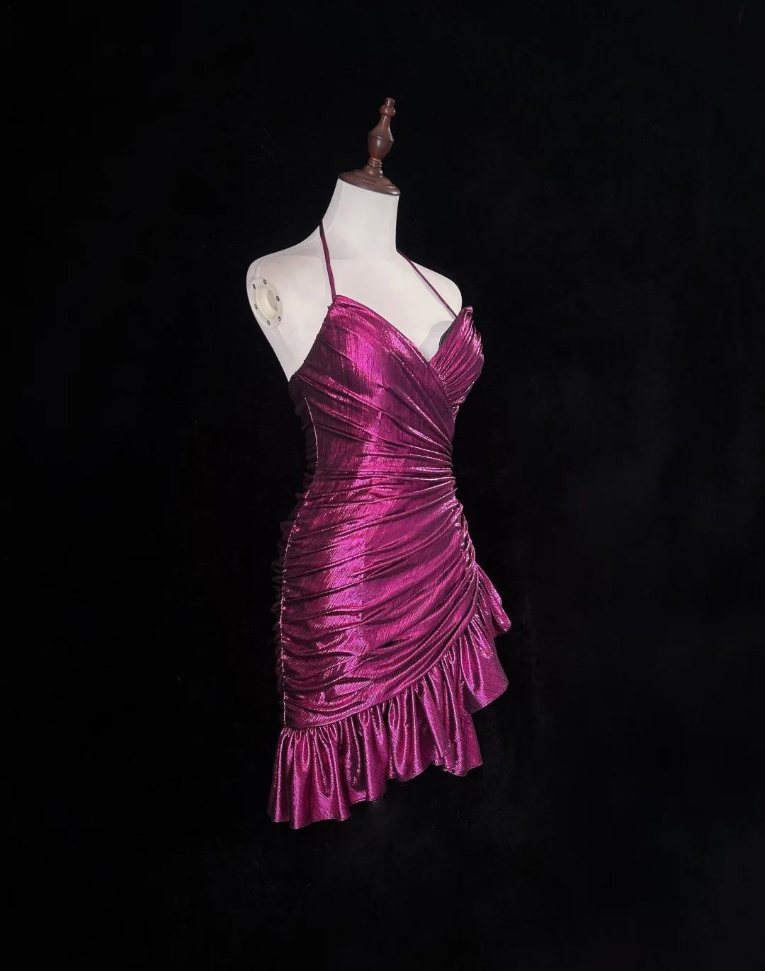 Gorgeous Fuchsia Spaghetti Straps Bodycon Satin Short Prom Dresses Vintage Homecoming Dress  ED02627