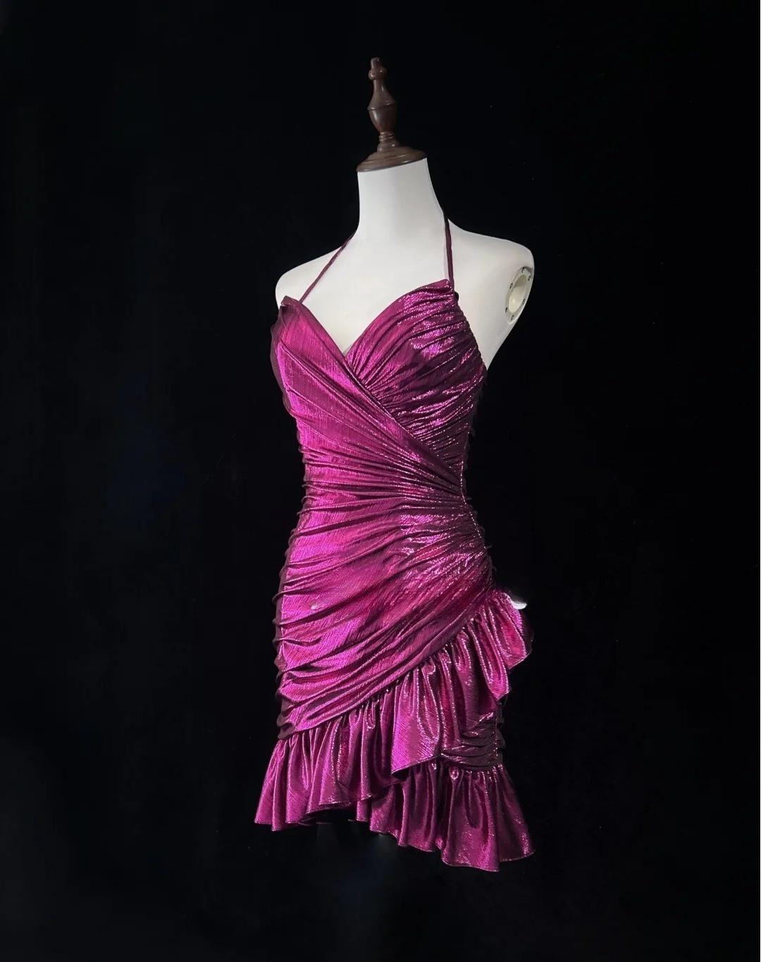 Gorgeous Fuchsia Spaghetti Straps Bodycon Satin Short Prom Dresses Vintage Homecoming Dress  ED02627