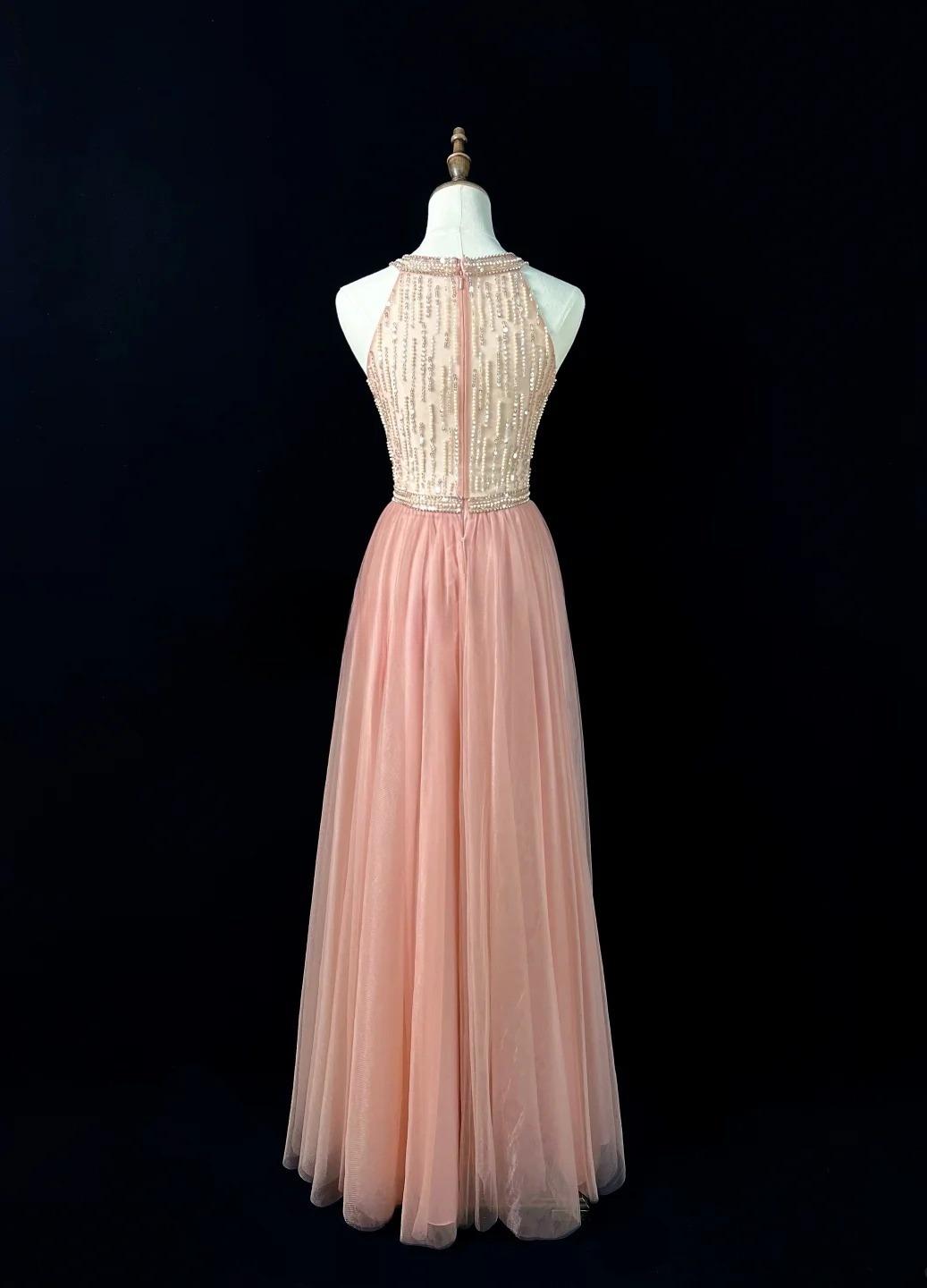 Sweet Blush Pink Round Neck A-Line Tulle Beaded Long Prom Dresses Birthday Evening Gowns  ED02628