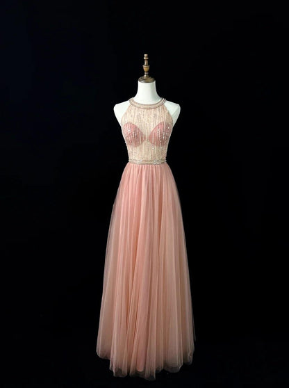 Sweet Blush Pink Round Neck A-Line Tulle Beaded Long Prom Dresses Birthday Evening Gowns  ED02628