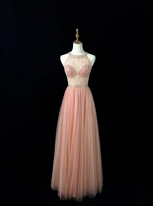 Sweet Blush Pink Round Neck A-Line Tulle Beaded Long Prom Dresses Birthday Evening Gowns  ED02628