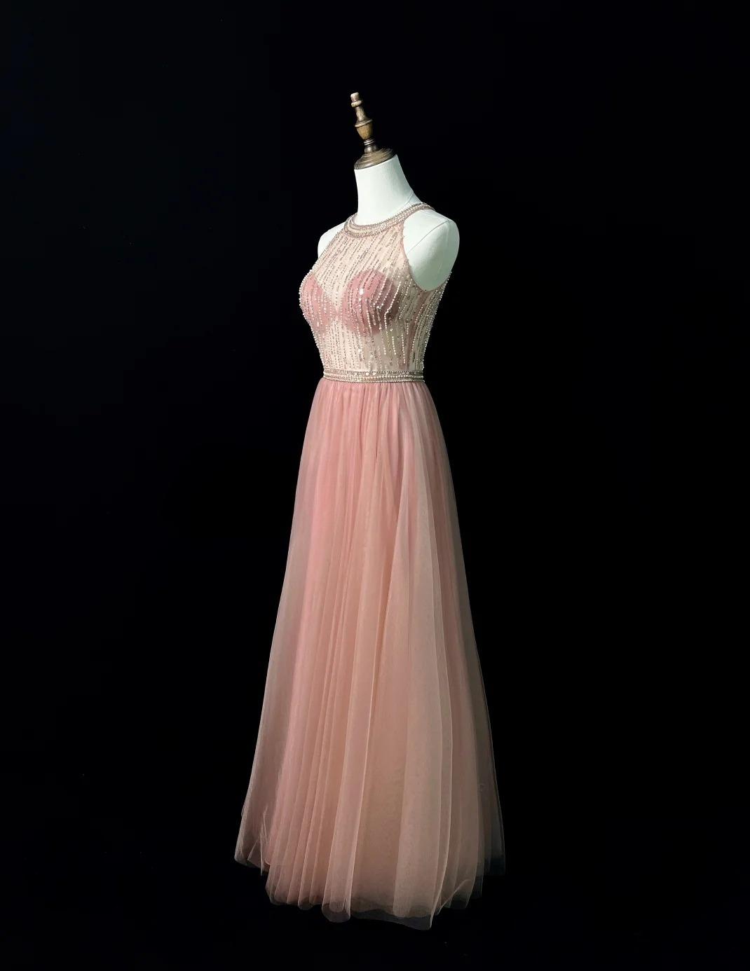Sweet Blush Pink Round Neck A-Line Tulle Beaded Long Prom Dresses Birthday Evening Gowns  ED02628