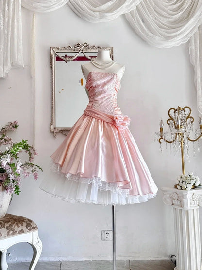 Vintage Pink Strapless A-Line Lace Satin Short Prom Dresses Homecoming Dress ED02632