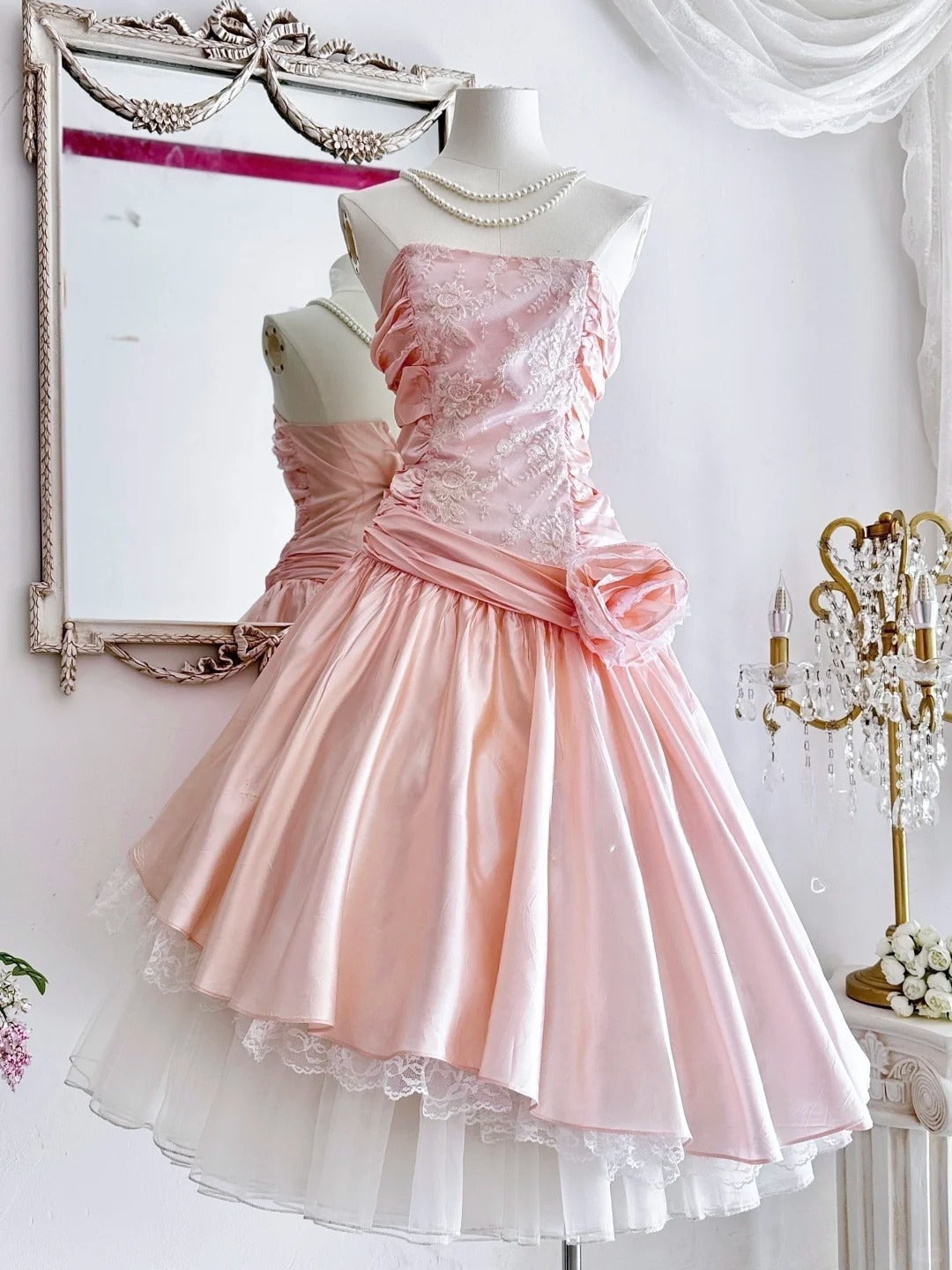 Vintage Pink Strapless A-Line Lace Satin Short Prom Dresses Homecoming Dress ED02632