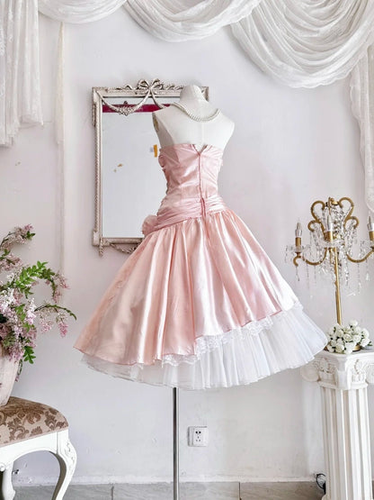 Vintage Pink Strapless A-Line Lace Satin Short Prom Dresses Homecoming Dress ED02632