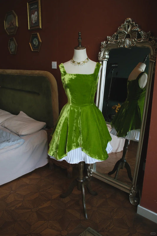 Sweet Green Square Neck A-Line Velvet Short Prom Dresses Homecoming Dress ED02633
