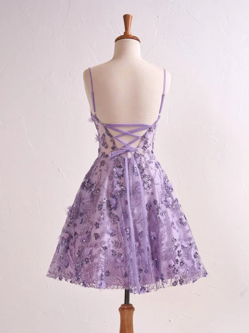 Gorgeous Lavender Spaghetti Straps A-Line Tulle Applique Short Prom Dresses Homecoming Dress with Sequins ED02634
