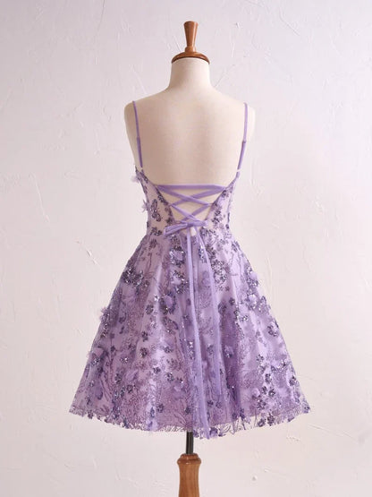 Gorgeous Lavender Spaghetti Straps A-Line Tulle Applique Short Prom Dresses Homecoming Dress with Sequins ED02634