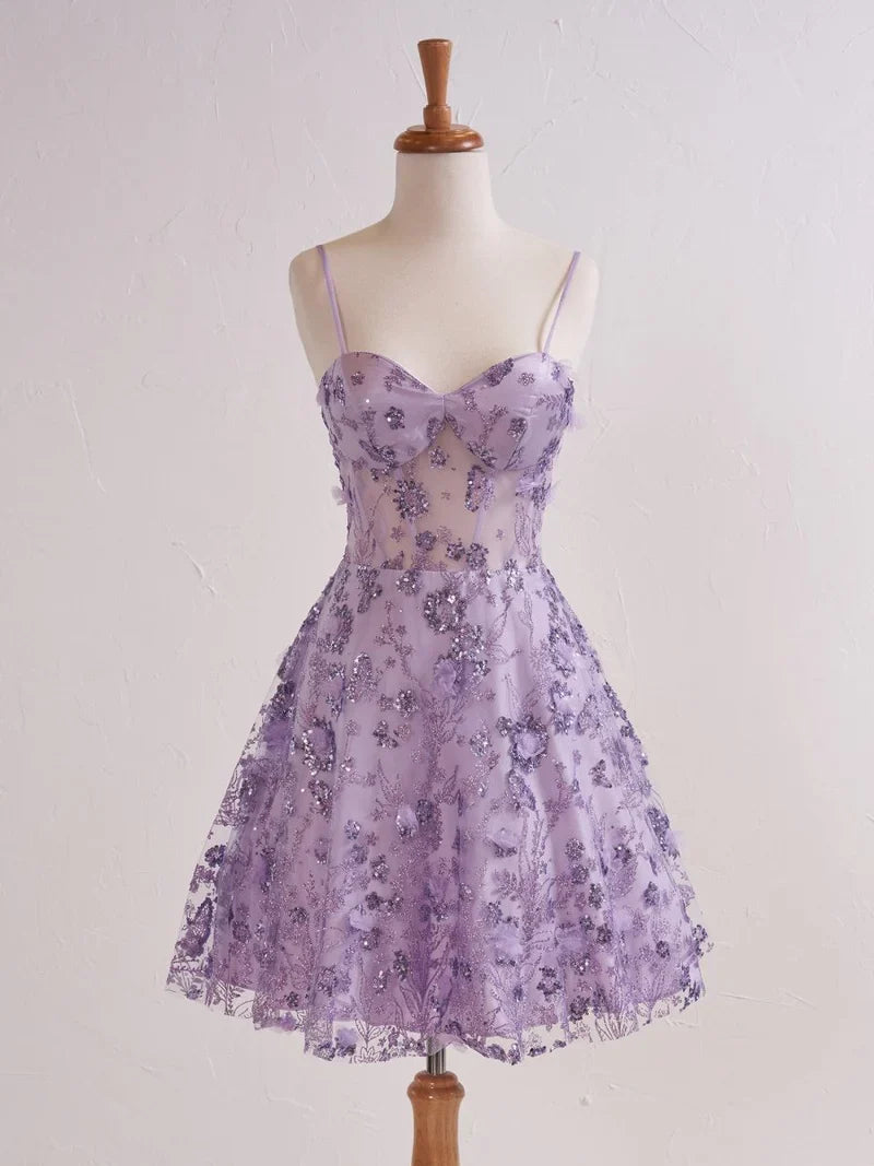 Gorgeous Lavender Spaghetti Straps A-Line Tulle Applique Short Prom Dresses Homecoming Dress with Sequins ED02634