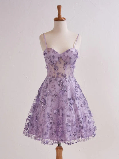 Gorgeous Lavender Spaghetti Straps A-Line Tulle Applique Short Prom Dresses Homecoming Dress with Sequins ED02634